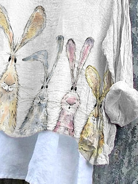 V Neck Long Sleeve Easter (rabbit) Printing Regular Micro-Elasticity Loose Graphic Tee Blouse_ For Women