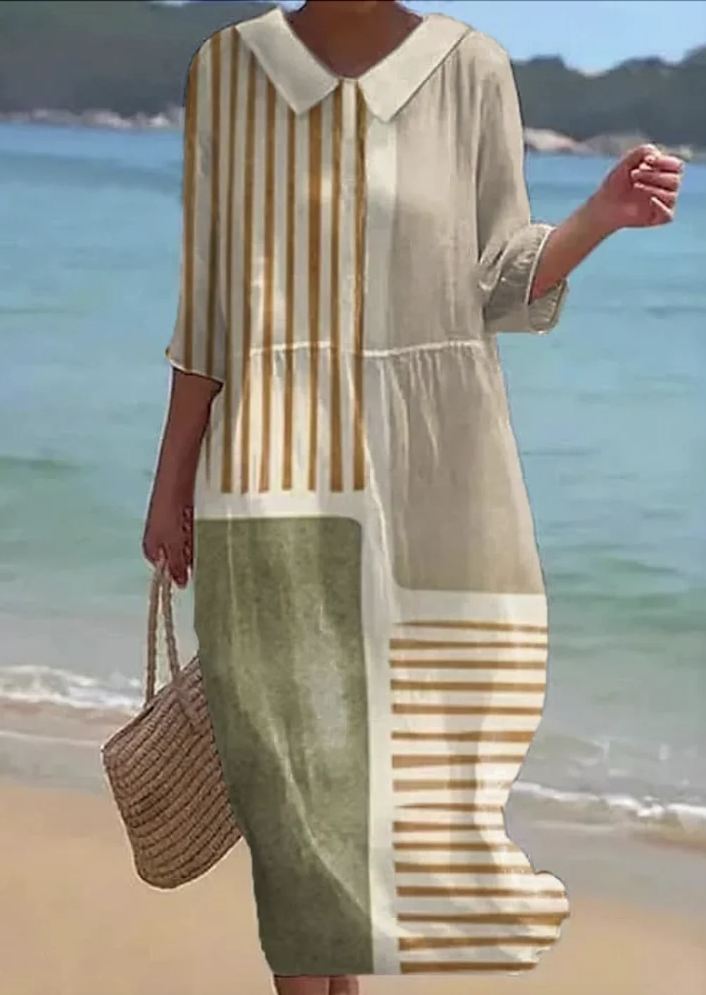 Women Geometric Crew Neck Half Sleeve Comfy Casual Maxi Dress