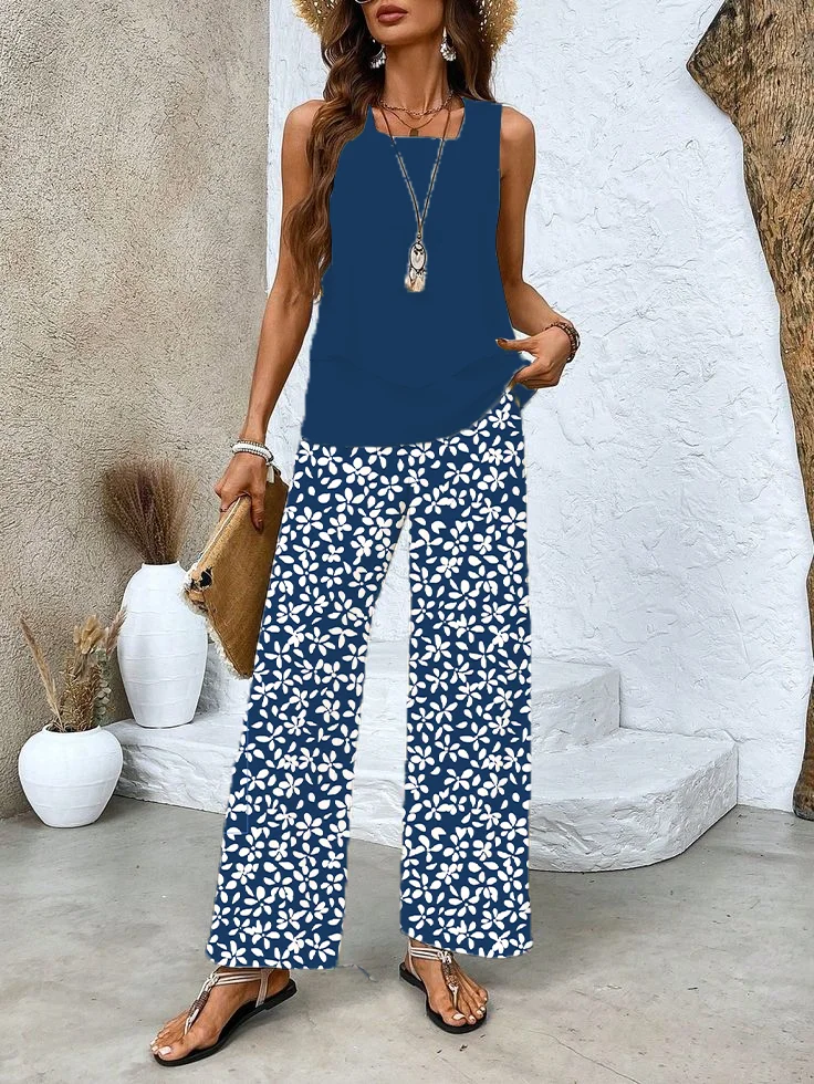 Women Floral Crew Neck Sleeveless Comfy Casual Printing Top With Pants Two-Piece Set