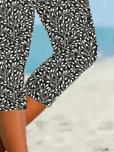 Women Floral Capris Elastic Waist Pants Casual Summer Trousers