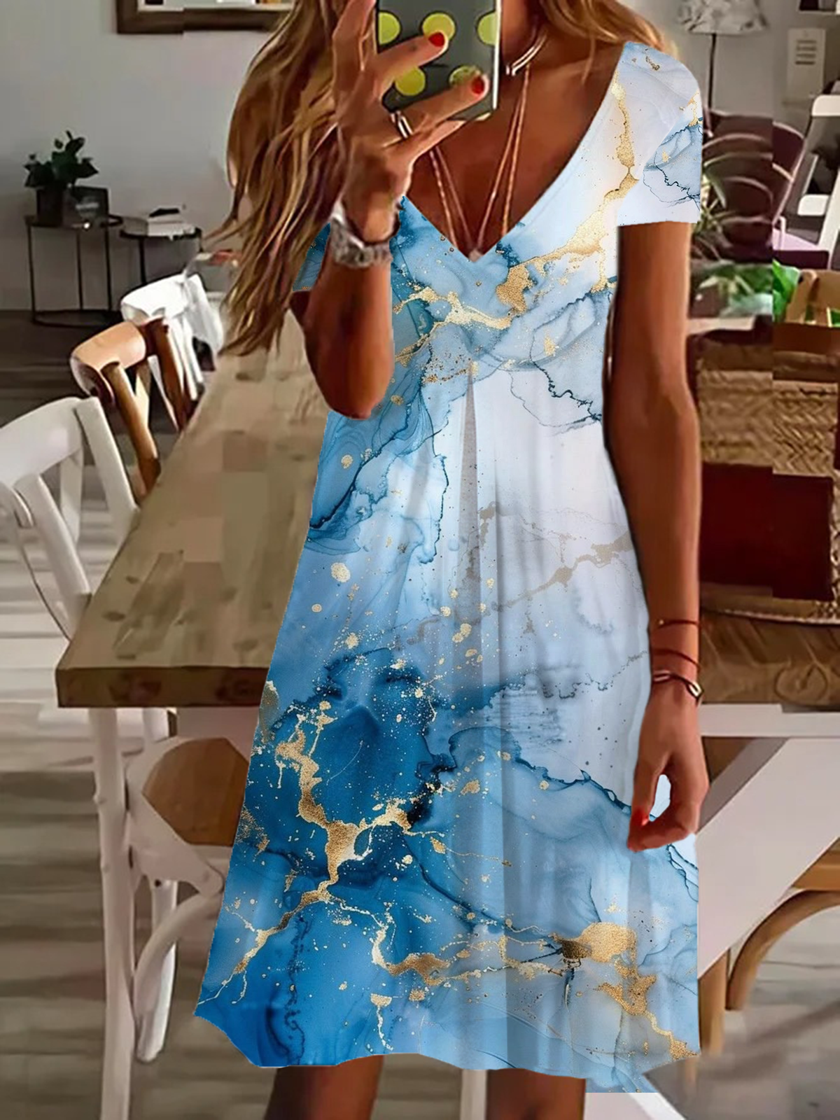 Women Abstract V Neck Short Sleeve Comfy Casual Printing Knee Length Dress