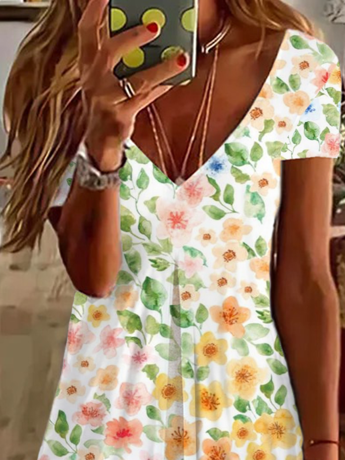 Women Floral V Neck Short Sleeve Comfy Casual Printing Knee Length Dress