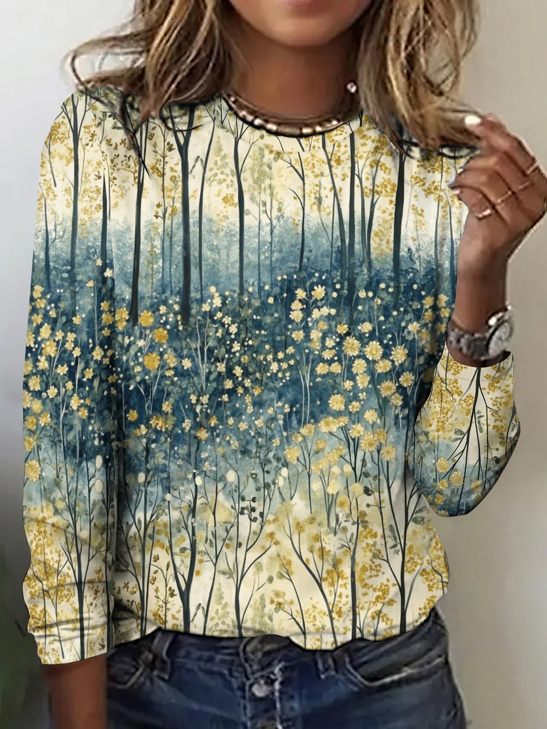 Casual Floral Crew Neck Long Sleeve T-shirt