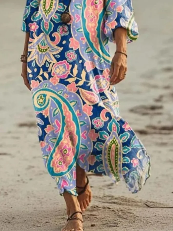 Women Paisley V Neck Long Sleeve Casual Vintage Maxi Dress