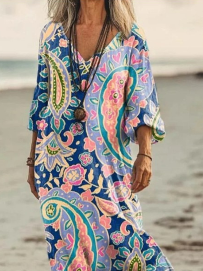 Women Paisley V Neck Long Sleeve Casual Vintage Maxi Dress