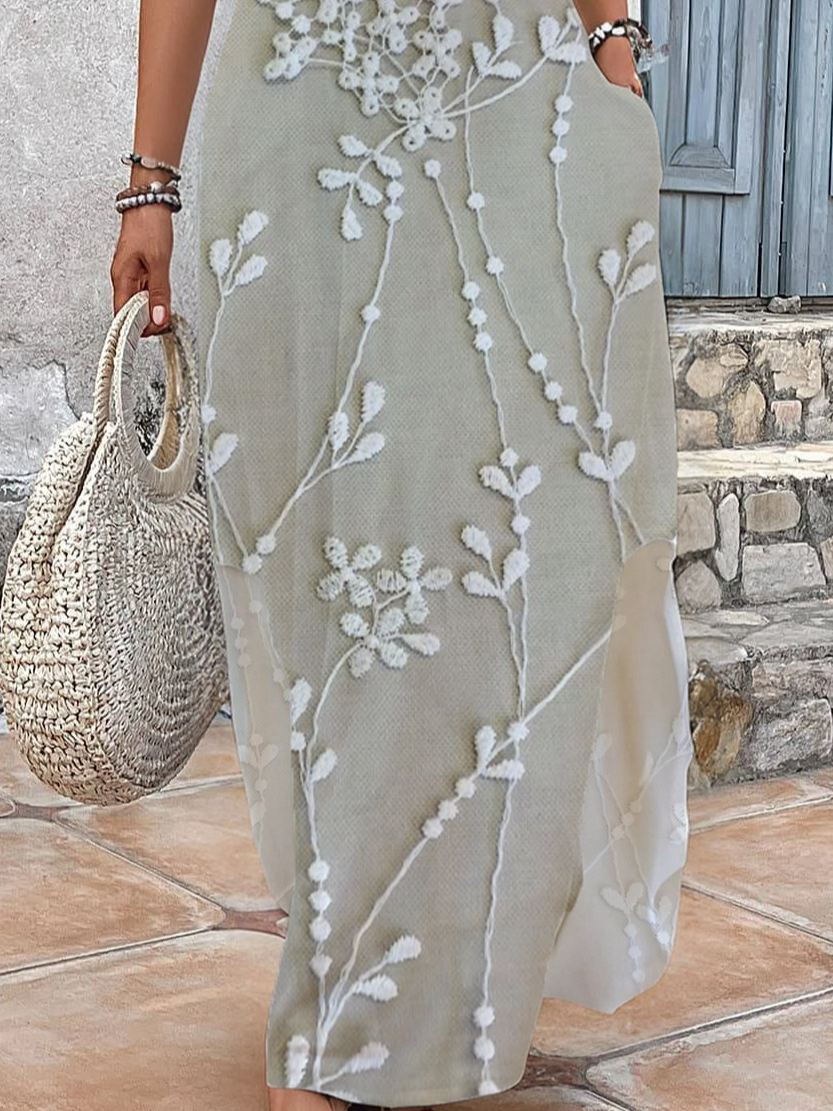 Women Floral Summer Printing Dress V Neck Short Sleeve T-Shirt Dress H-Line Dress