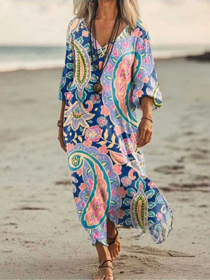 Women Paisley V Neck Long Sleeve Casual Vintage Maxi Dress