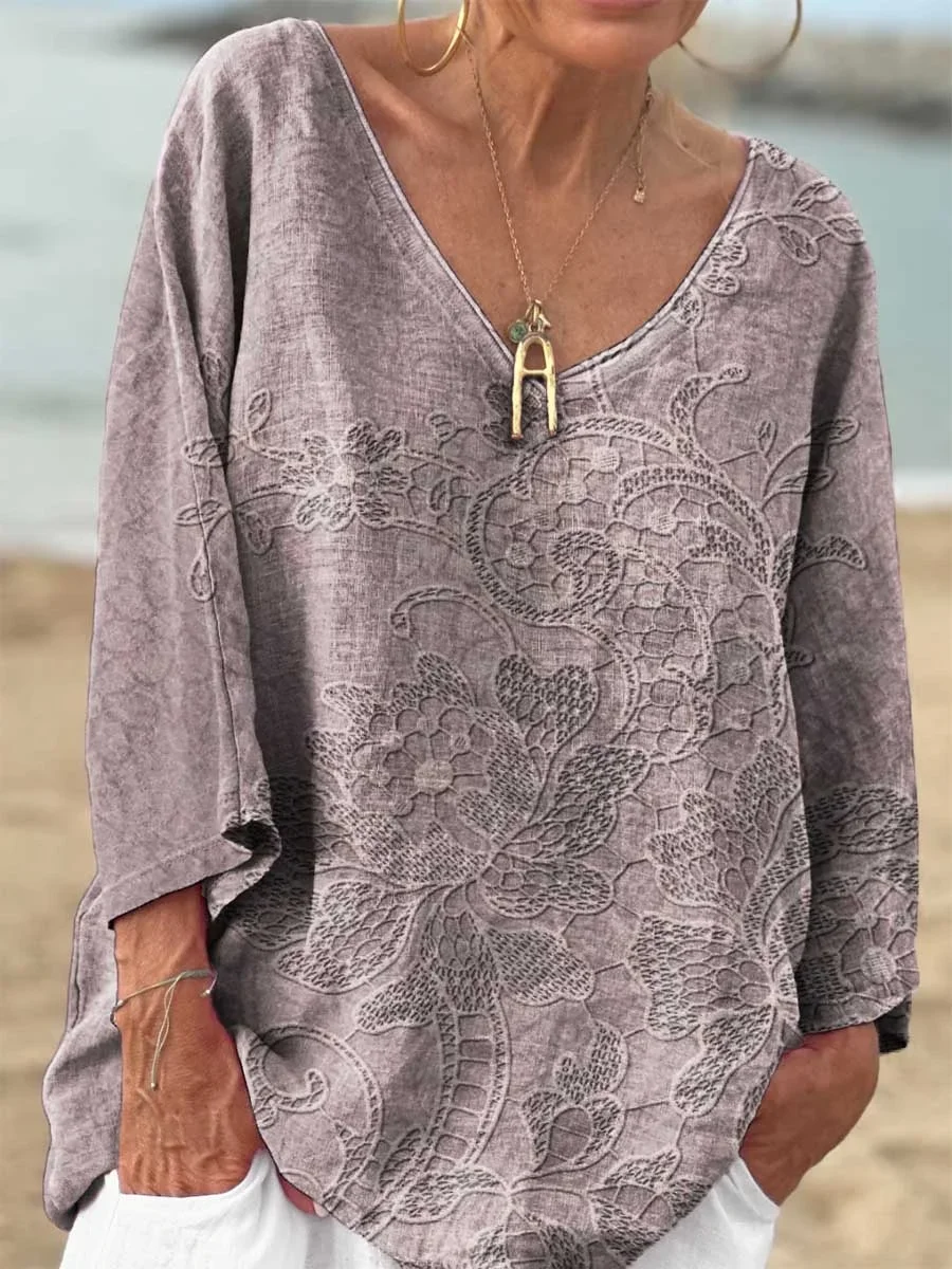 Casual Floral V Neck Long Sleeve T-shirt