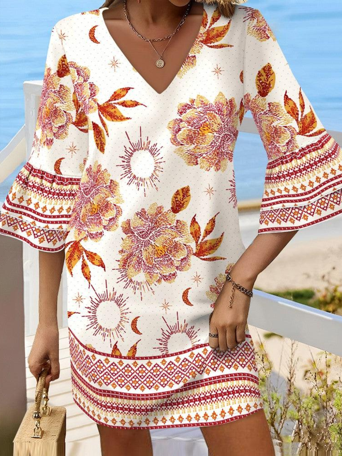 Women Vacation Floral V Neck Half Sleeve Comfy Boho Midi Dress