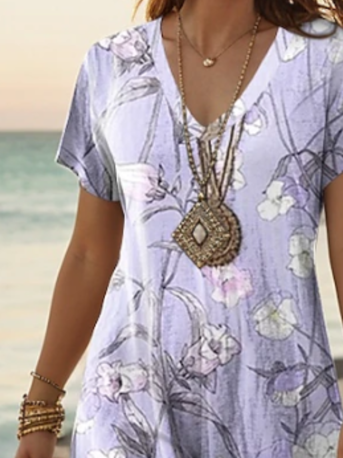Women Floral V Neck Short Sleeve Comfy Casual Maxi Dress