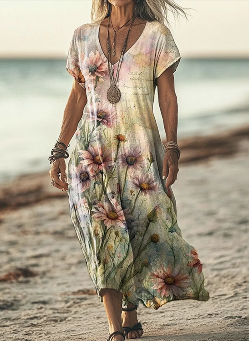 Women Floral V Neck Short Sleeve Comfy Casual Maxi Dress