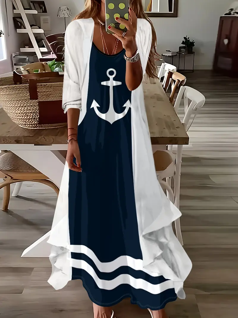 Women Anchor Crew Neck Three Quarter Sleeve Comfy Casual Printing Dress With Coat Two-Piece Set