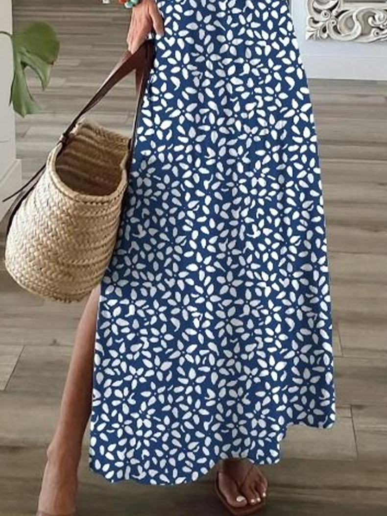 Women Floral V Neck Short Sleeve Comfy Casual Printing Maxi Dress