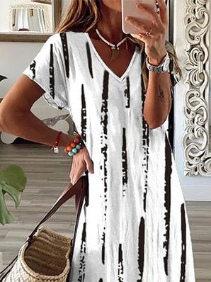 Women Vacation Striped V Neck Short Sleeve Comfy Casual Printing Maxi Dress