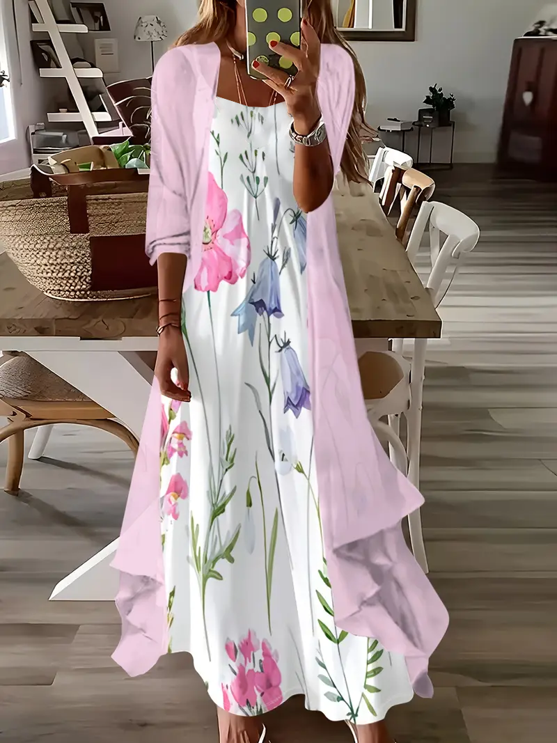 Women Floral Crew Neck Three Quarter Sleeve Comfy Casual Printing Dress With Coat Two-Piece Set