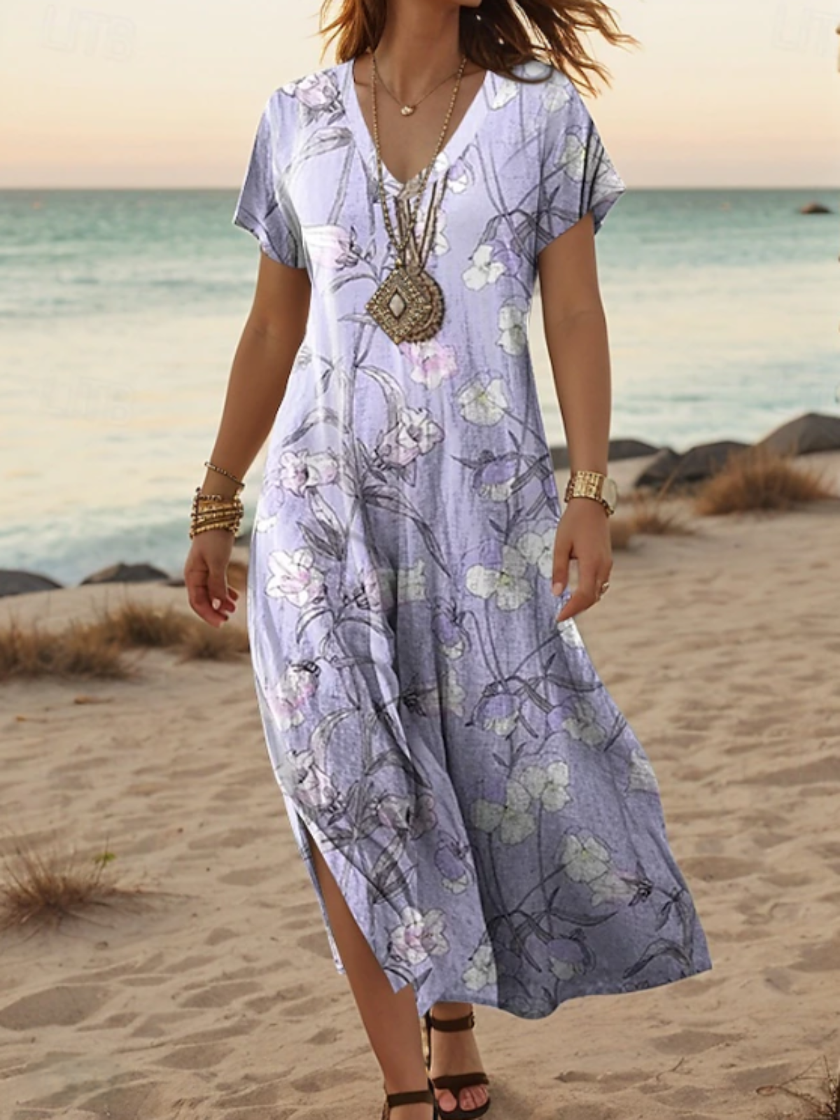 Women Floral V Neck Short Sleeve Comfy Casual Maxi Dress