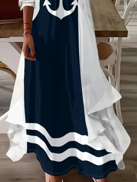 Women Anchor Crew Neck Three Quarter Sleeve Comfy Casual Printing Dress With Coat Two-Piece Set