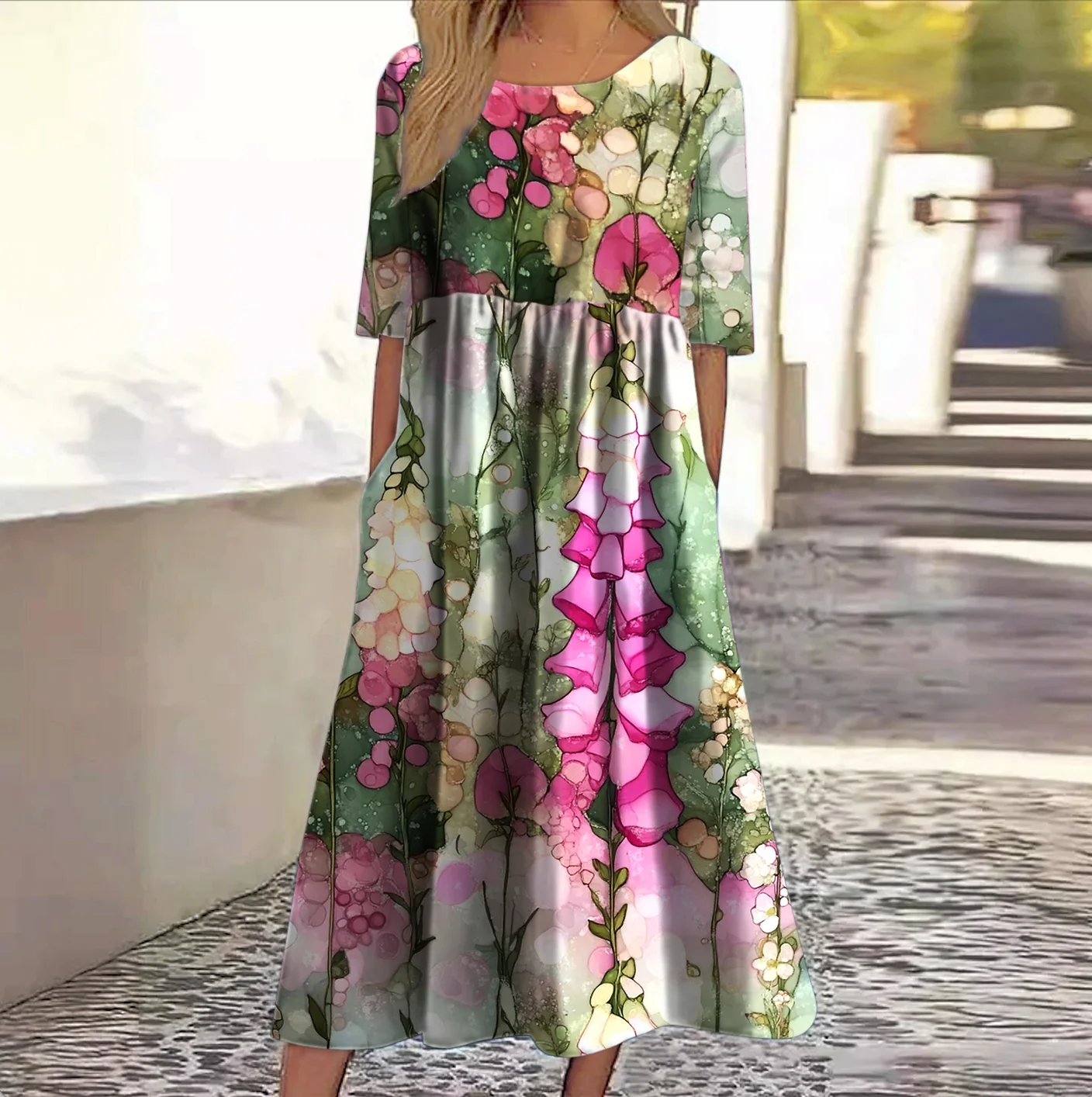 Women Floral Crew Neck Short Sleeve Comfy Casual Maxi Dress