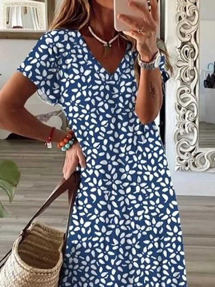 Women Floral V Neck Short Sleeve Comfy Casual Printing Maxi Dress