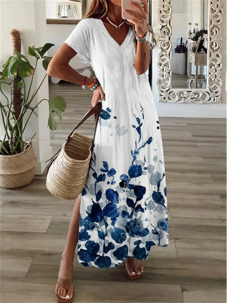 Women Floral V Neck Short Sleeve Comfy Casual Printing Maxi Dress
