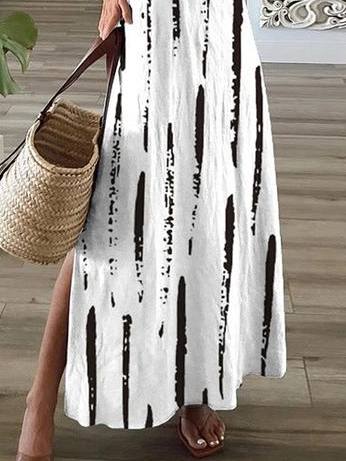 Women Vacation Striped V Neck Short Sleeve Comfy Casual Printing Maxi Dress