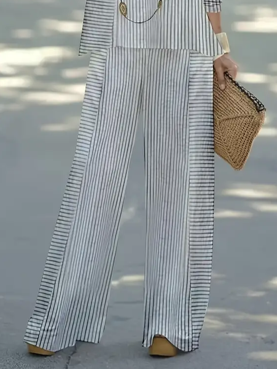 Women Striped Crew Neck Long Sleeve Comfy Casual Printing Top With Pants Two-Piece Set