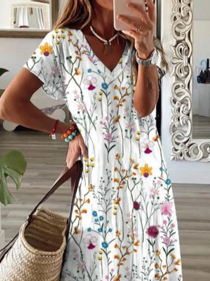 Women Floral V Neck Short Sleeve Comfy Casual Printing Maxi Dress