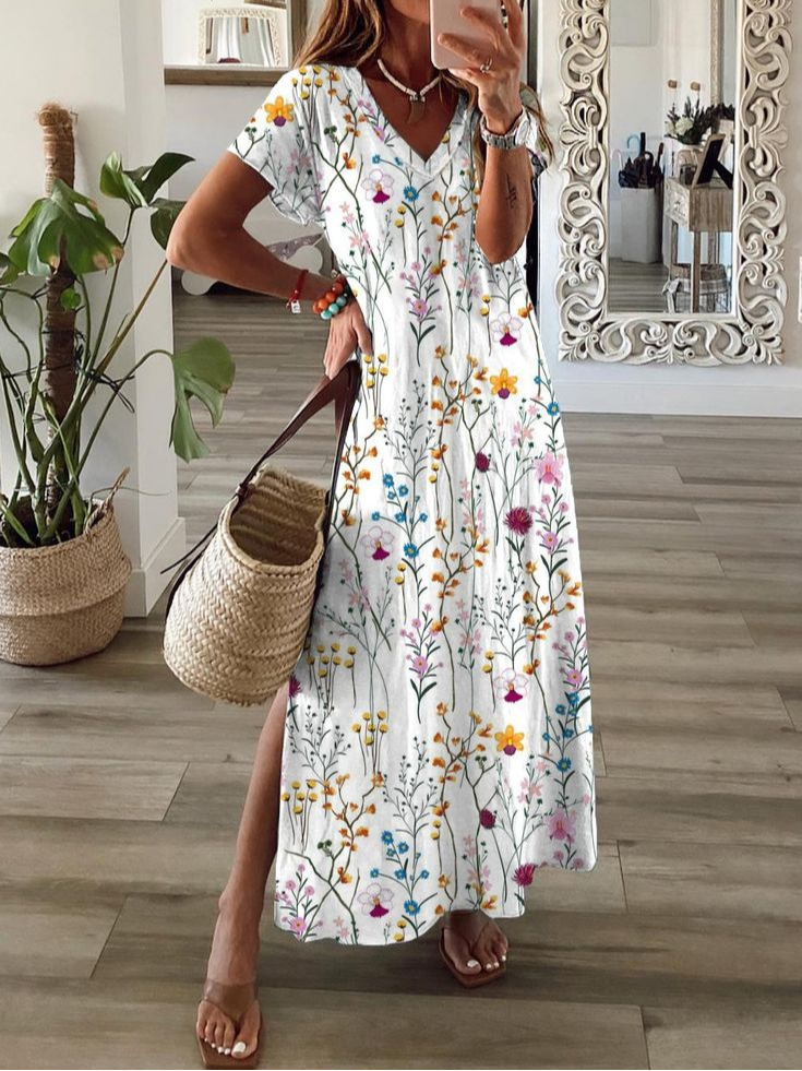 Women Floral V Neck Short Sleeve Comfy Casual Printing Maxi Dress