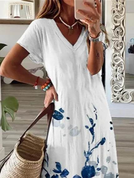 Women Floral V Neck Short Sleeve Comfy Casual Printing Maxi Dress