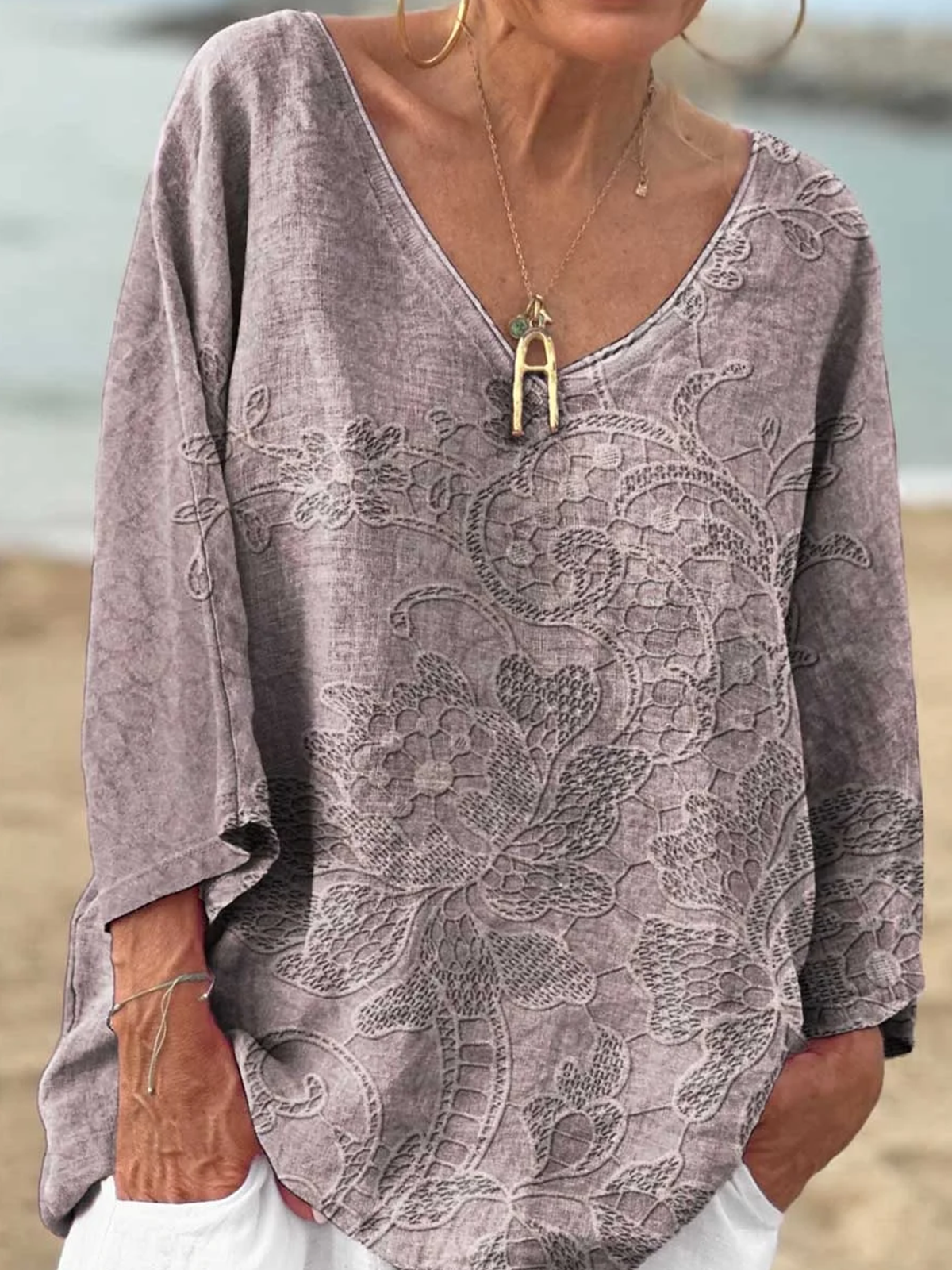 Casual Floral V Neck Long Sleeve T-shirt