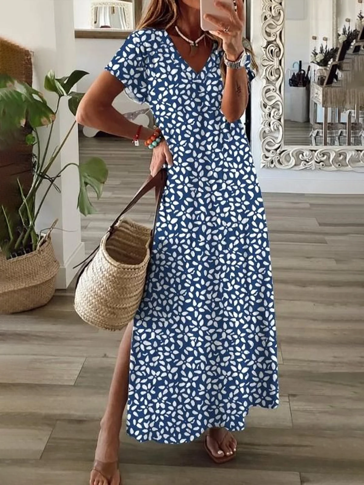 Women Floral V Neck Short Sleeve Comfy Casual Printing Maxi Dress