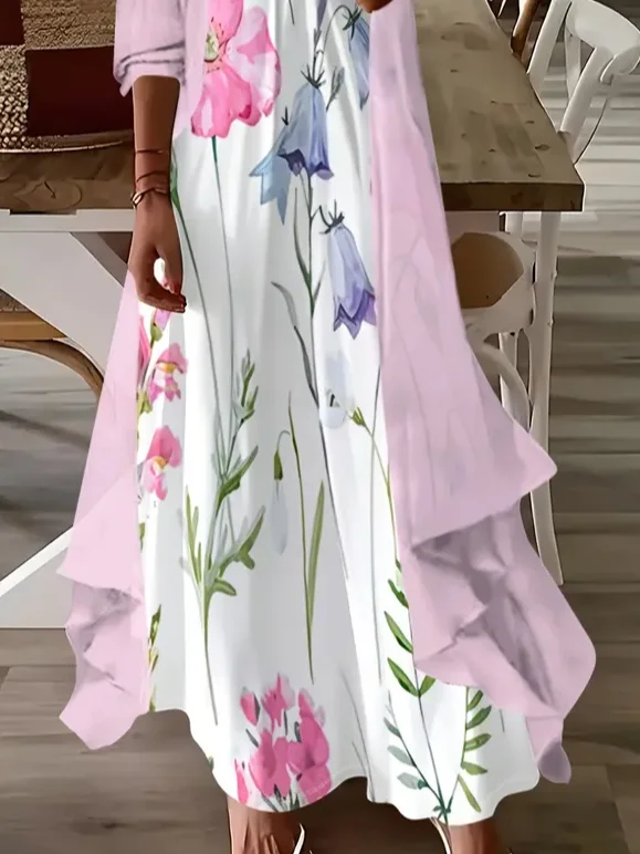 Women Floral Crew Neck Three Quarter Sleeve Comfy Casual Printing Dress With Coat Two-Piece Set