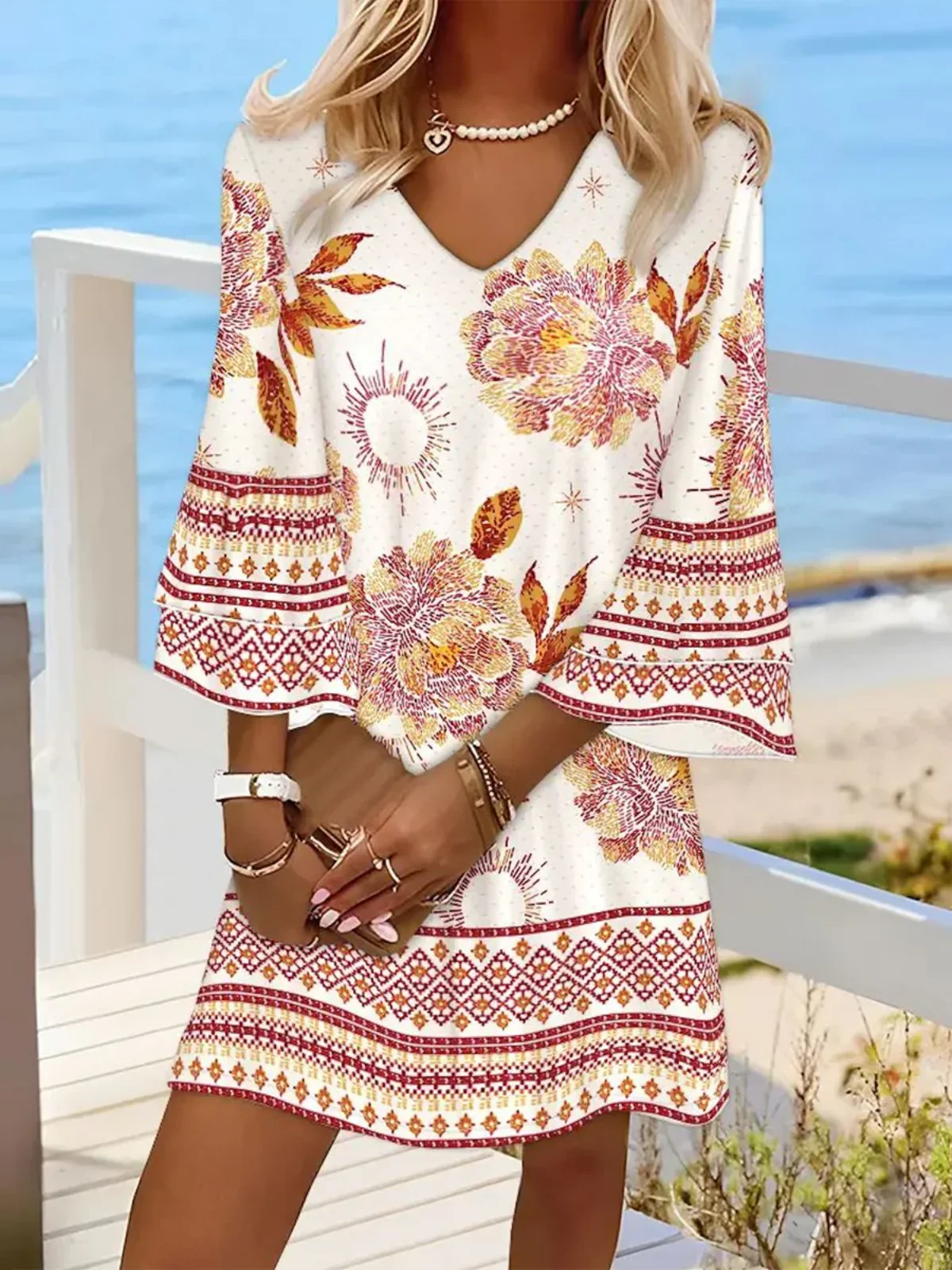Women Vacation Floral V Neck Half Sleeve Comfy Boho Midi Dress