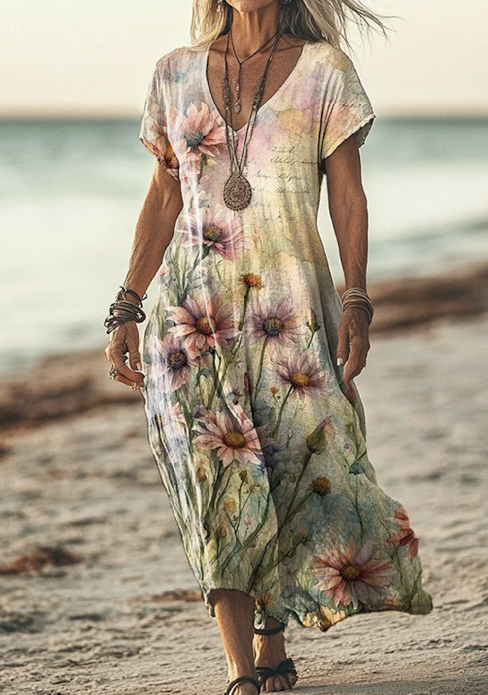 Women Floral V Neck Short Sleeve Comfy Casual Maxi Dress