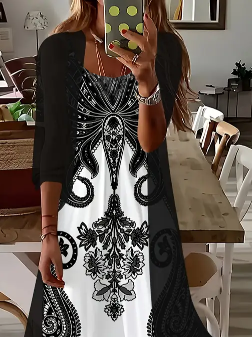Women Floral Crew Neck Three Quarter Sleeve Comfy Casual Printing Dress With Coat Two-Piece Set