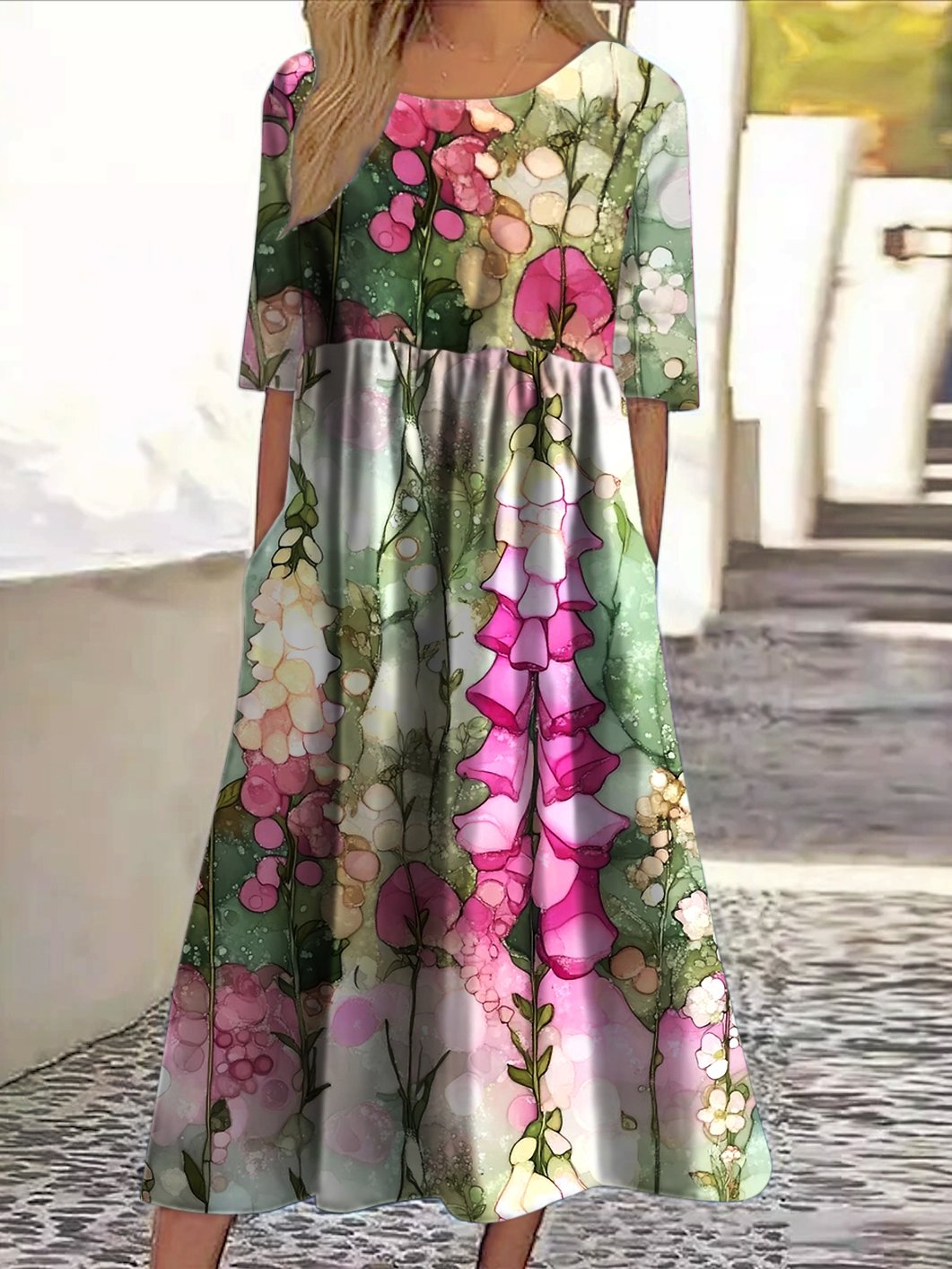 Women Floral Crew Neck Short Sleeve Comfy Casual Maxi Dress