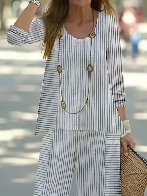 Women Striped Crew Neck Long Sleeve Comfy Casual Printing Top With Pants Two-Piece Set