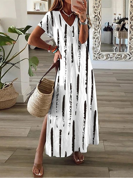 Women Vacation Striped V Neck Short Sleeve Comfy Casual Printing Maxi Dress