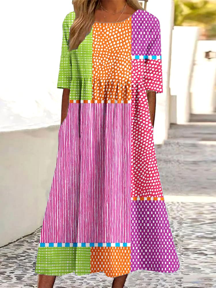 Women Striped Crew Neck Half Sleeve Comfy Casual Maxi Dress