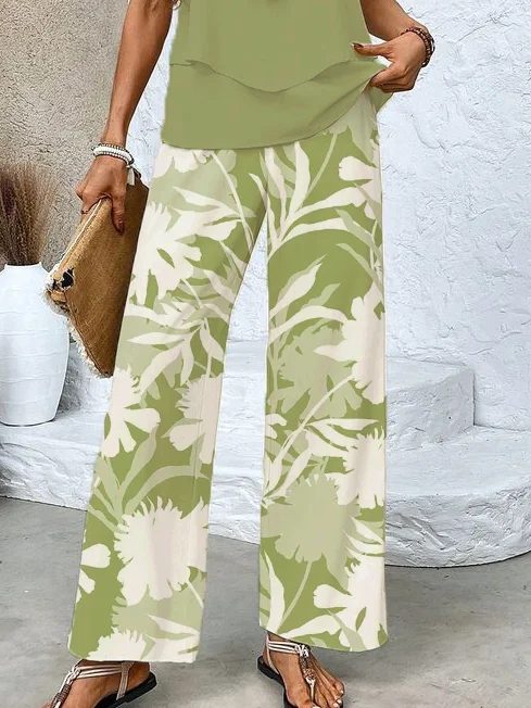 Women Floral Crew Neck Sleeveless Comfy Casual Printing Top With Pants Two-Piece Set
