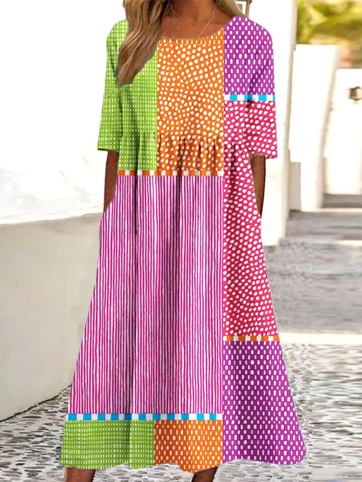 Women Striped Crew Neck Half Sleeve Comfy Casual Maxi Dress