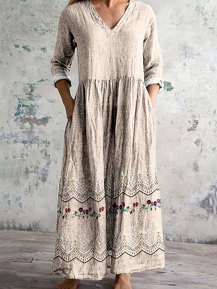 Women Floral V Neck Long Sleeve Comfy Casual Maxi Dress