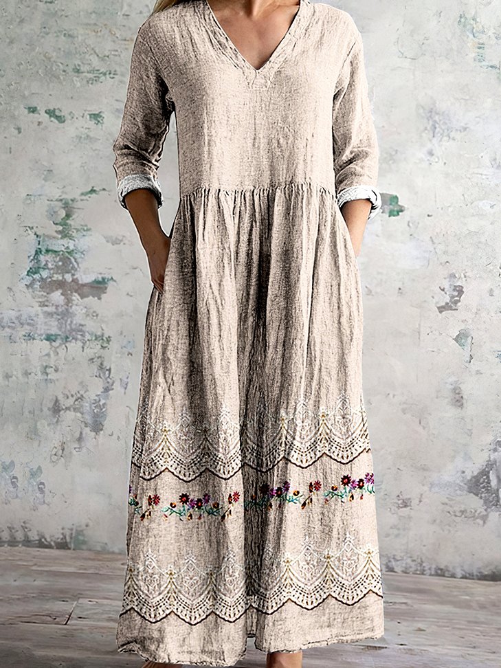 Women Floral V Neck Long Sleeve Comfy Casual Maxi Dress