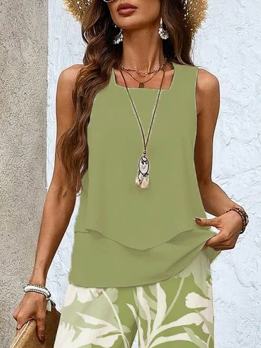 Women Floral Crew Neck Sleeveless Comfy Casual Printing Top With Pants Two-Piece Set