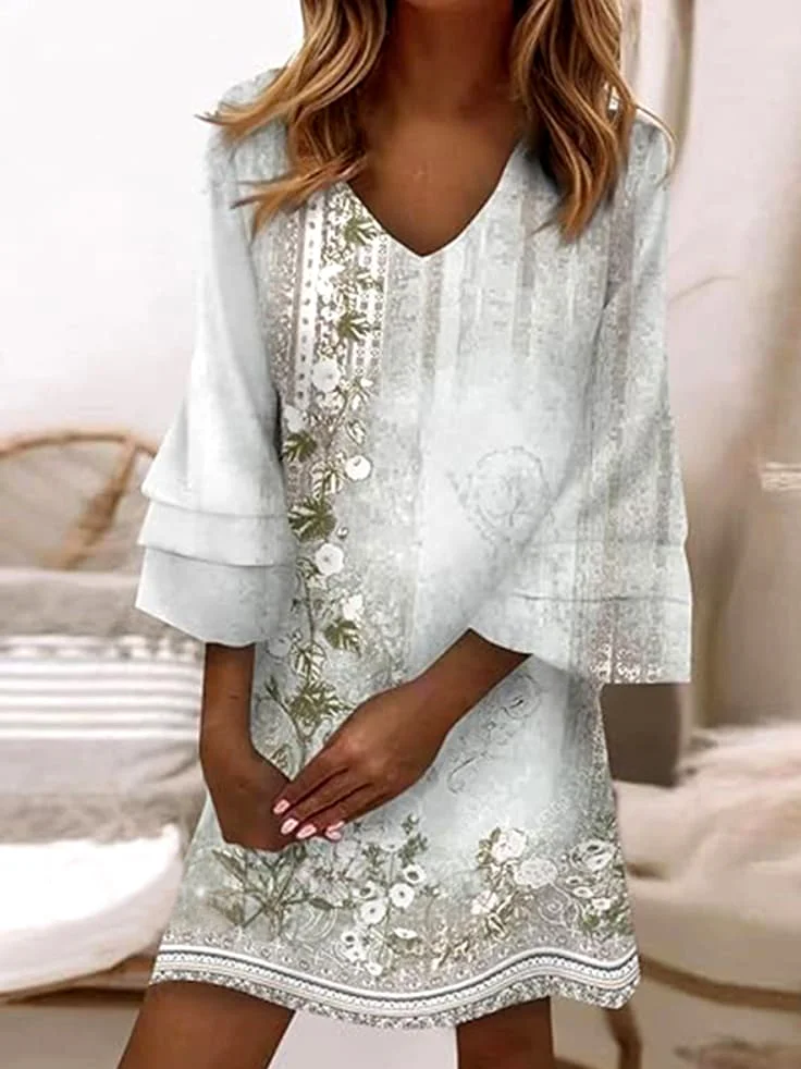 Women Floral V Neck Long Sleeve Comfy Casual Mini Dress