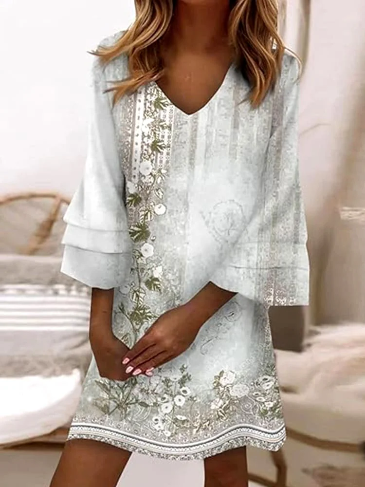 Women Floral V Neck Long Sleeve Comfy Casual Mini Dress