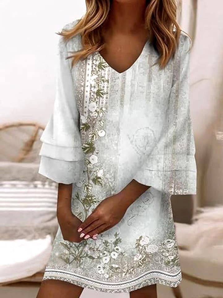 Women Floral V Neck Long Sleeve Comfy Casual Mini Dress