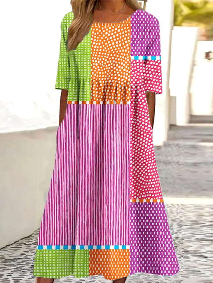 Women Striped Crew Neck Half Sleeve Comfy Casual Maxi Dress