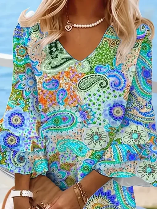 Women Floral Summer Printing Dress V Neck Half Sleeve Classic H-Line Dress