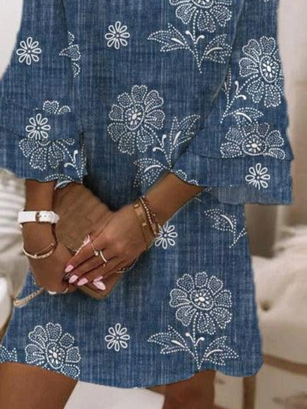 Women Floral V Neck Half Sleeve Comfy Boho Midi Dress